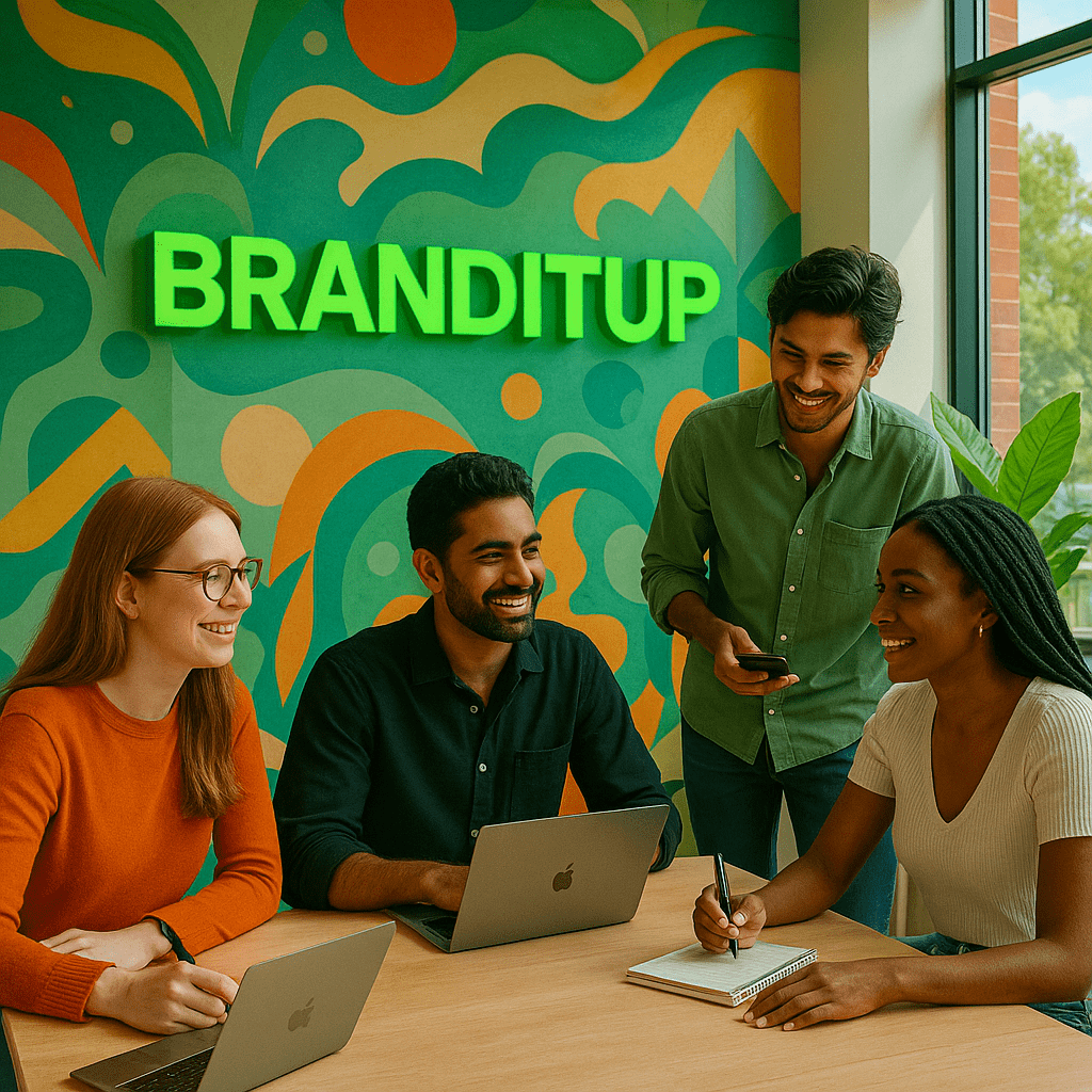 Young digital marketing team at BrandItUp agency in Pakistan brainstorming ideas in a creative office space